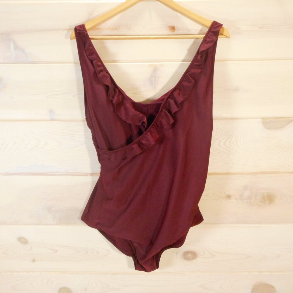 One Piece Swimsuit Size XXL Faux Wrap Ruffle Trim in Maroon by Dixperfect